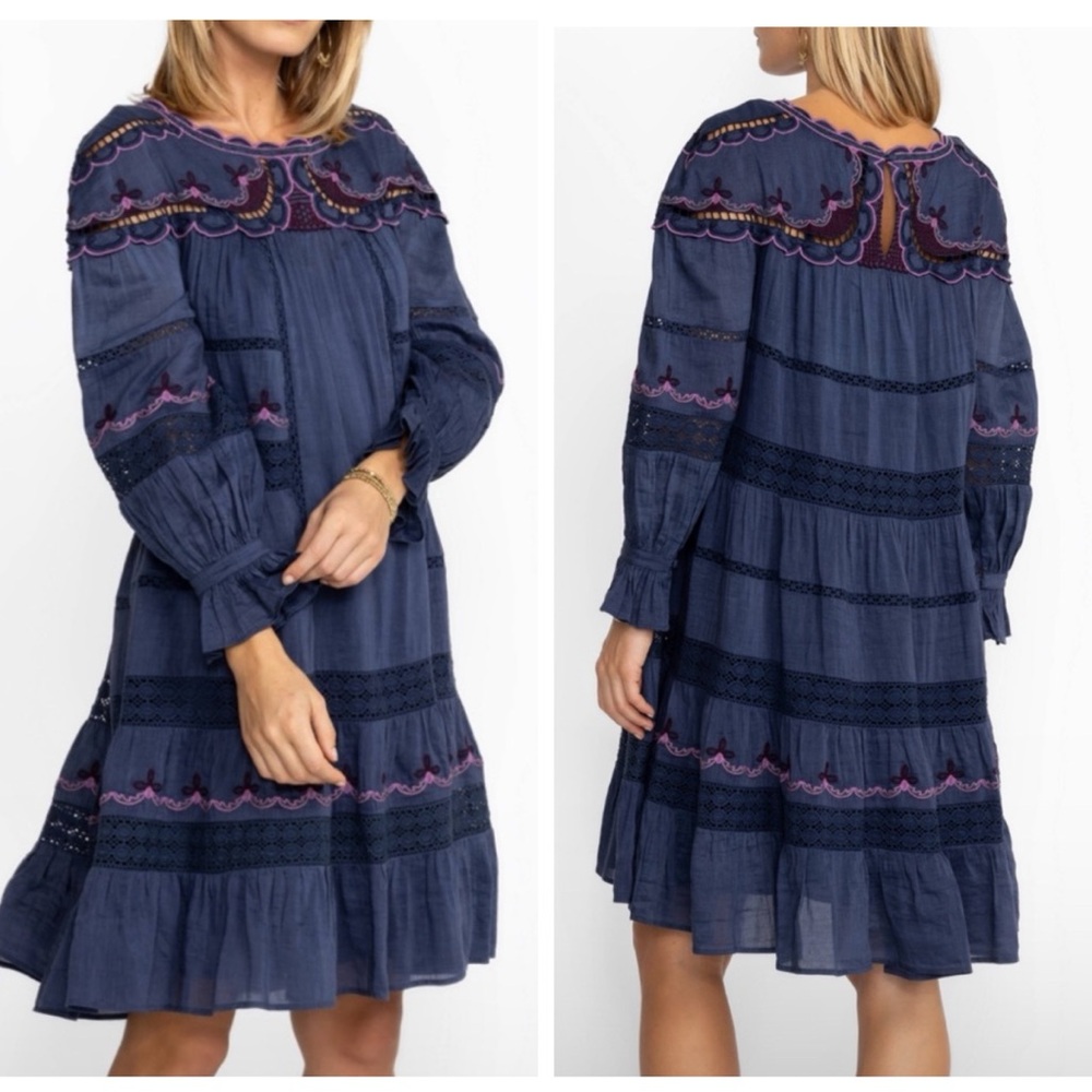 Johnny Was NWT Reina Embroidered Lined Linen Long Sleeve Tiered Dress Small - Picture 3 of 15